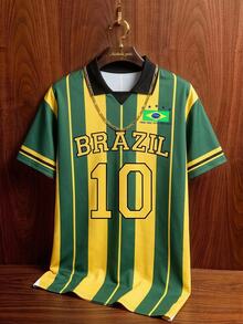 Manfinity Campus Court American Retro Brazil Team Style Yellow & Green Striped Color-Block English Print Short Sleeve Jersey,Men's & Women's Summer Casual Sport Shirt - Multicolor - View 2