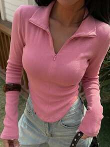 DAZY Solid Zipper Front Curved Hem Tee,Fall Clothes Long Sleeve Women Tops - Hot Pink - View 8