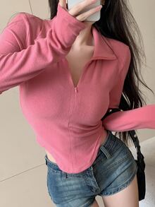 DAZY Solid Zipper Front Curved Hem Tee,Fall Clothes Long Sleeve Women Tops - Hot Pink - View 6