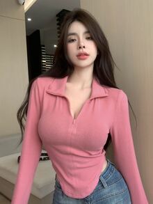 DAZY Solid Zipper Front Curved Hem Tee,Fall Clothes Long Sleeve Women Tops - Hot Pink - View 2