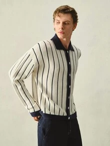 Manfinity Homme 男士 Polo 領慵懶長袖開襟針織外套，休閒秋冬款藍白條紋撞色寬鬆時尚通勤百搭直條紋長袖開襟衫 - 彩色 - 查看 5