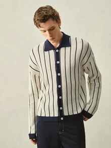 Manfinity Homme 男士 Polo 領慵懶長袖開襟針織外套，休閒秋冬款藍白條紋撞色寬鬆時尚通勤百搭直條紋長袖開襟衫 - 彩色 - 查看 4