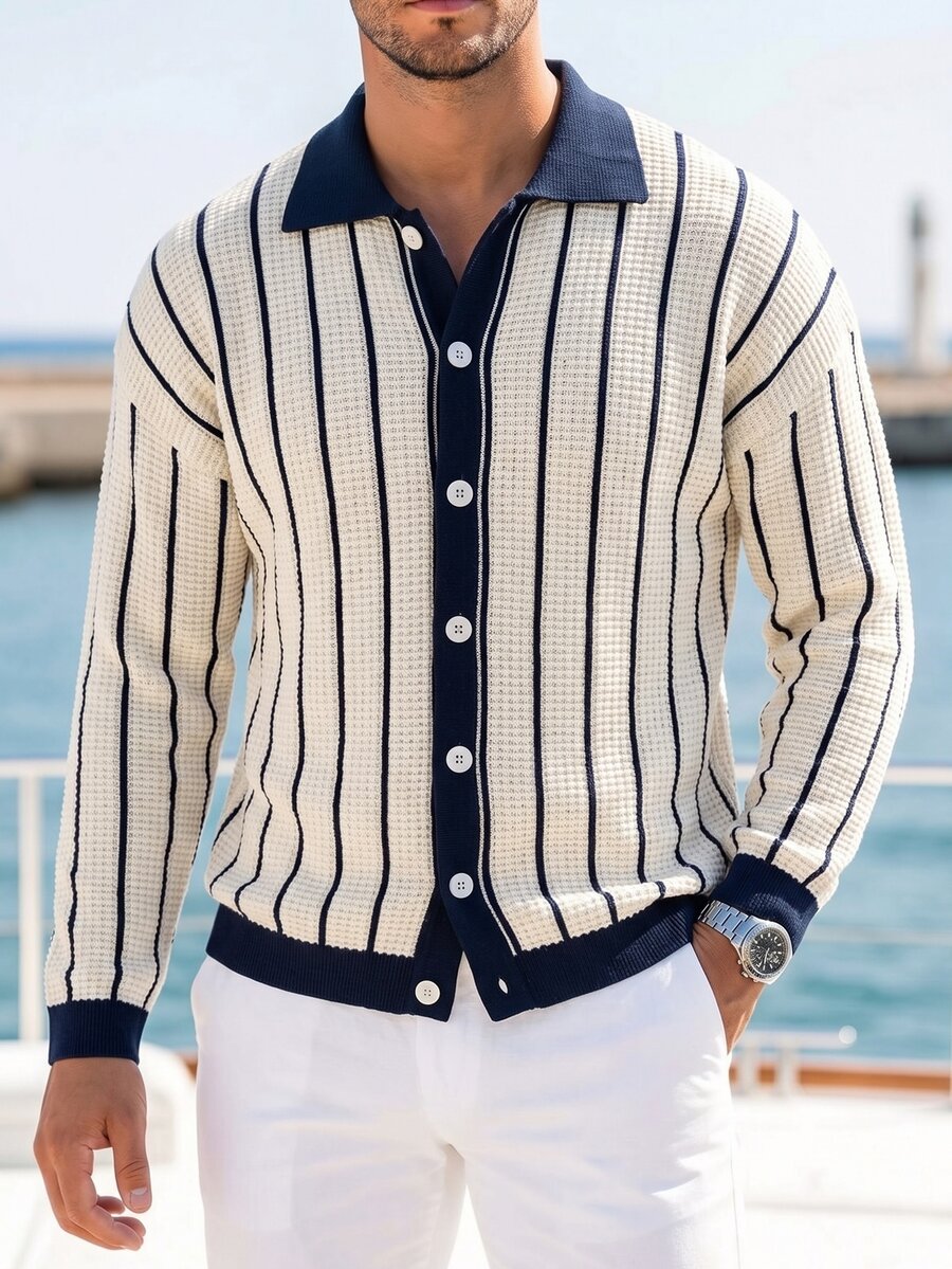 Manfinity Homme 男士 Polo 領慵懶長袖開襟針織外套,休閒秋冬款藍白條紋撞色寬鬆時尚通勤百搭直條紋長袖開襟衫 - 彩色 - 查看 1