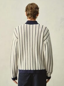 Manfinity Homme 男士 Polo 領慵懶長袖開襟針織外套，休閒秋冬款藍白條紋撞色寬鬆時尚通勤百搭直條紋長袖開襟衫 - 彩色 - 查看 2