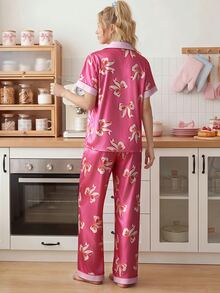 SweetSlumber Sweet Cute INS Bowknot Polka Dot Print Casual Home Lapel Open Front Satin Women's Pajama Set - Hot Pink - View 8