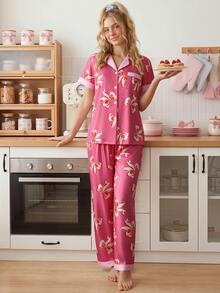 SweetSlumber Sweet Cute INS Bowknot Polka Dot Print Casual Home Lapel Open Front Satin Women's Pajama Set - Hot Pink - View 12