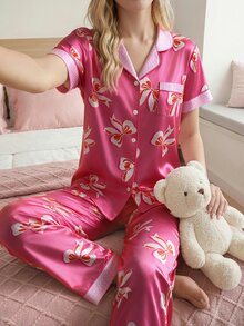 SweetSlumber Sweet Cute INS Bowknot Polka Dot Print Casual Home Lapel Open Front Satin Women's Pajama Set - Hot Pink - View 1