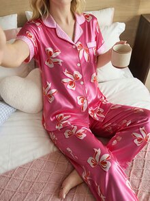 SweetSlumber Sweet Cute INS Bowknot Polka Dot Print Casual Home Lapel Open Front Satin Women's Pajama Set - Hot Pink - View 9