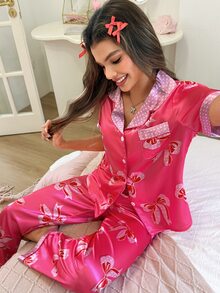 SweetSlumber Sweet Cute INS Bowknot Polka Dot Print Casual Home Lapel Open Front Satin Women's Pajama Set - Hot Pink - View 2