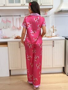 SweetSlumber Sweet Cute INS Bowknot Polka Dot Print Casual Home Lapel Open Front Satin Women's Pajama Set - Hot Pink - View 3