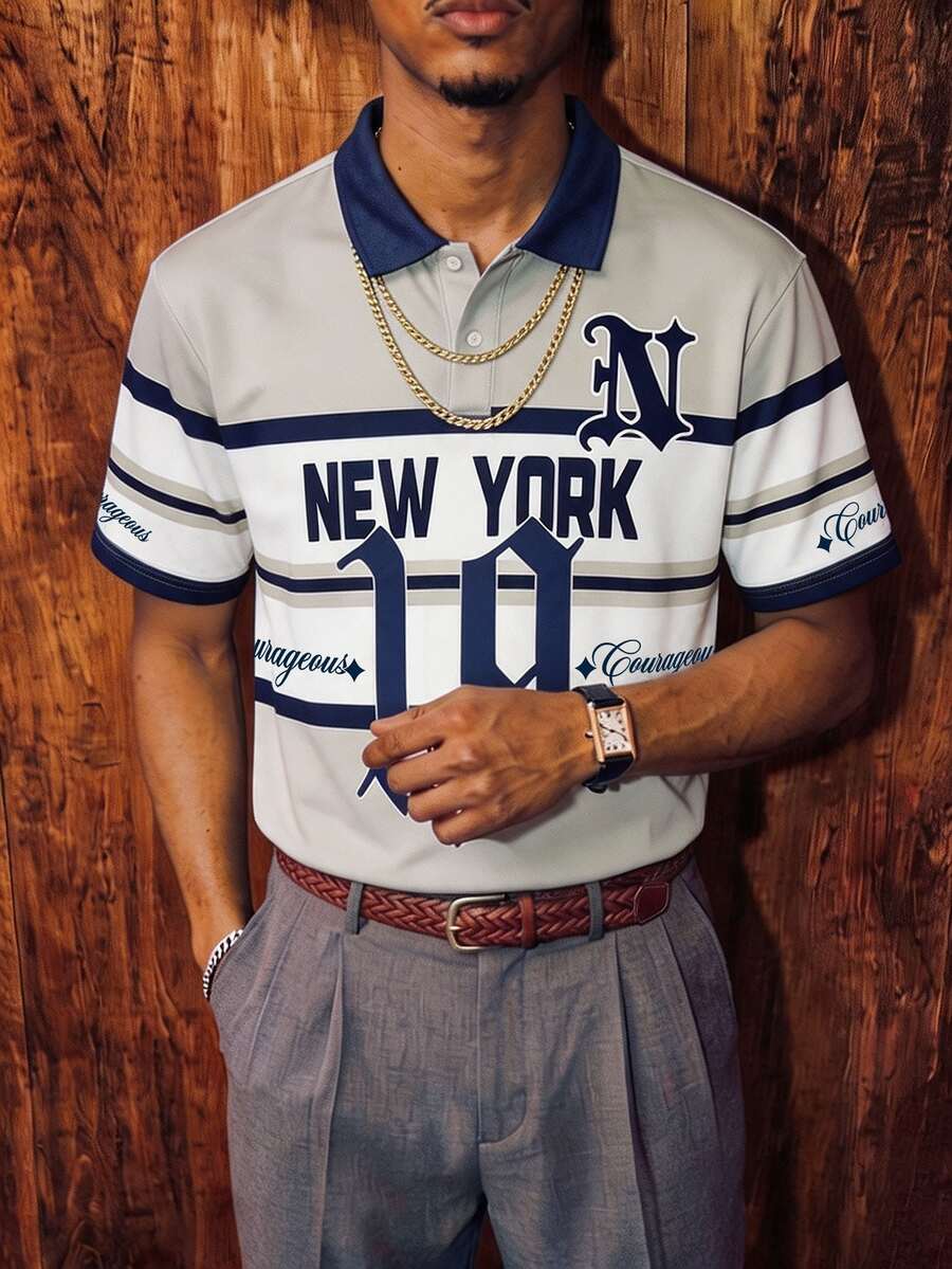 Aesthetic Post 男士夏季休閒拼色條紋字母印花 Polo 衫 - 彩色 - 查看 1