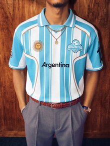 Aesthetic Post Men's Argentina Striped Soccer Polo Shirt, World Cup Style Short Sleeve, Perfect For Outdoor, Gatherings, Games & Daily Wear, Ceremony - Multicolor - View 4