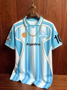 Aesthetic Post Men's Argentina Striped Soccer Polo Shirt, World Cup Style Short Sleeve, Perfect For Outdoor, Gatherings, Games & Daily Wear, Ceremony - Multicolor - View 2