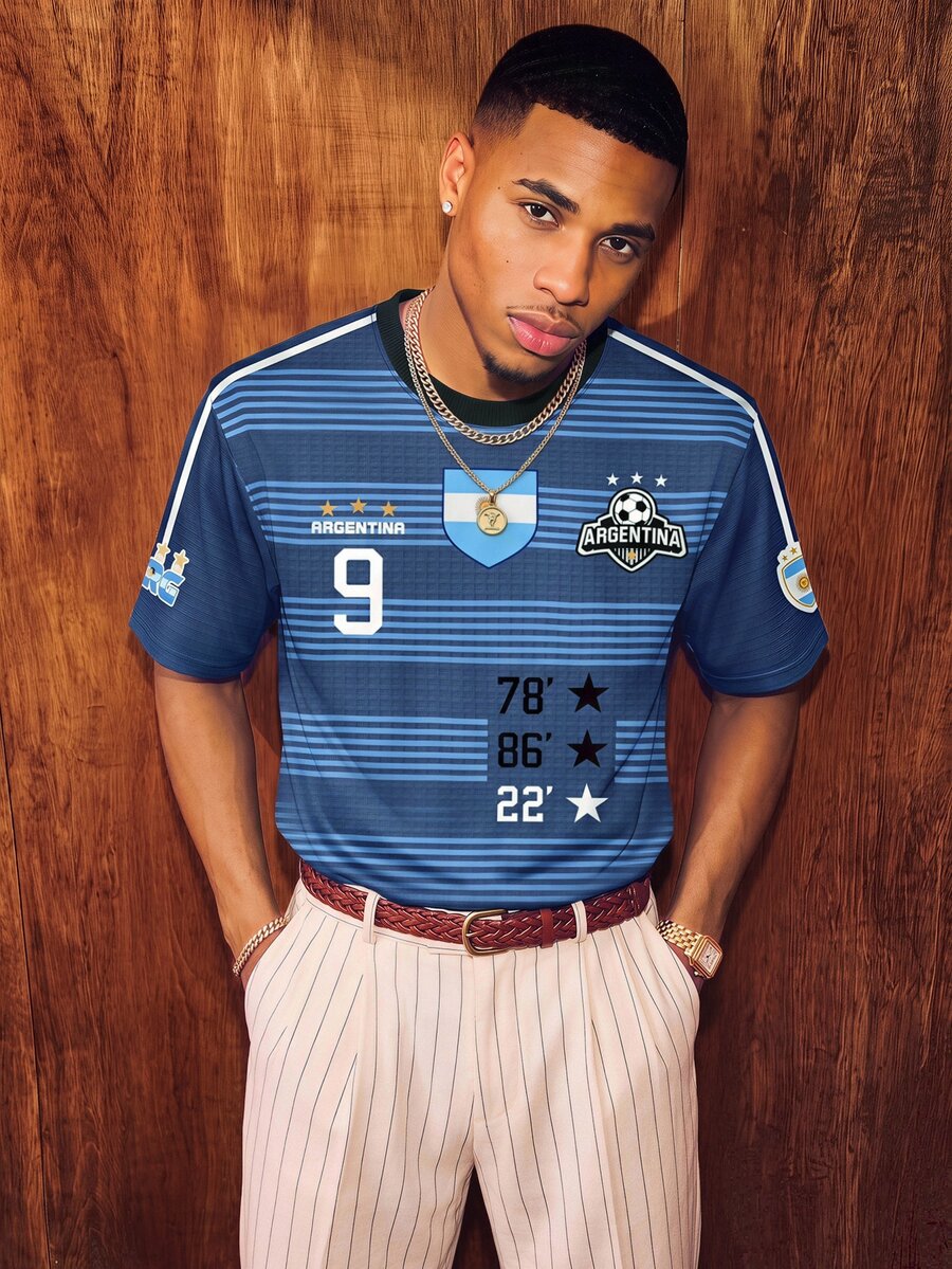 Aesthetic Post Camiseta casual de estilo deportivo retro para hombre con rayas azul & blanco y bloques de color, top de estilo callejero argentino, cuello redondo manga corta, camiseta gráfica para hombre, camiseta casual de verano, fútbol/suministros de fútbol, fútbol - Multicolor - Ver 1