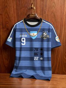 Aesthetic Post Camiseta casual de estilo deportivo retro para hombre con rayas azul & blanco y bloques de color, top de estilo callejero argentino, cuello redondo manga corta, camiseta gráfica para hombre, camiseta casual de verano, fútbol/suministros de fútbol, fútbol - Multicolor - Ver 2