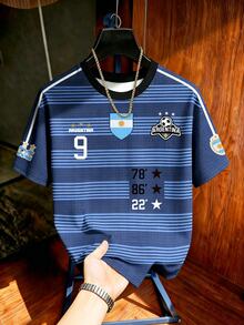 Aesthetic Post Camiseta casual de estilo deportivo retro para hombre con rayas azul & blanco y bloques de color, top de estilo callejero argentino, cuello redondo manga corta, camiseta gráfica para hombre, camiseta casual de verano, fútbol/suministros de fútbol, fútbol - Multicolor - Ver 6