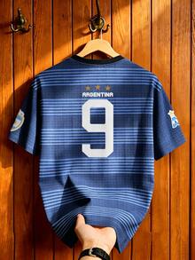 Aesthetic Post Camiseta casual de estilo deportivo retro para hombre con rayas azul & blanco y bloques de color, top de estilo callejero argentino, cuello redondo manga corta, camiseta gráfica para hombre, camiseta casual de verano, fútbol/suministros de fútbol, fútbol - Multicolor - Ver 5