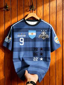Aesthetic Post Camiseta casual de estilo deportivo retro para hombre con rayas azul & blanco y bloques de color, top de estilo callejero argentino, cuello redondo manga corta, camiseta gráfica para hombre, camiseta casual de verano, fútbol/suministros de fútbol, fútbol - Multicolor - Ver 7