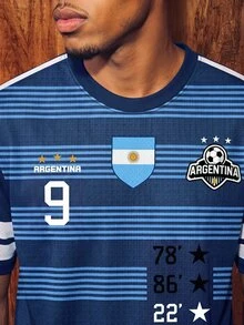 Aesthetic Post Camiseta casual de estilo deportivo retro para hombre con rayas azul & blanco y bloques de color, top de estilo callejero argentino, cuello redondo manga corta, camiseta gráfica para hombre, camiseta casual de verano, fútbol/suministros de fútbol, fútbol - Multicolor - Ver 4