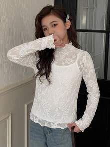 DAZY Half-High Neck Basic Pullover Casual Inner Layer T-Shirt For Tween Girls Fall - Beige - View 10