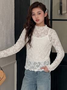 DAZY Half-High Neck Basic Pullover Casual Inner Layer T-Shirt For Tween Girls Fall - Beige - View 13