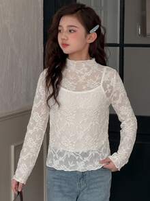 DAZY Half-High Neck Basic Pullover Casual Inner Layer T-Shirt For Tween Girls Fall - Beige - View 11