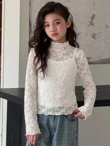 DAZY Half-High Neck Basic Pullover Casual Inner Layer T-Shirt For Tween Girls Fall - Beige - View 8