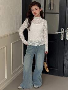 DAZY Half-High Neck Basic Pullover Casual Inner Layer T-Shirt For Tween Girls Fall - Beige - View 12