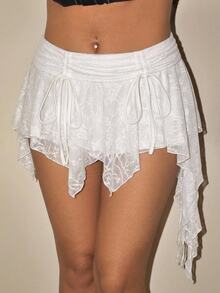 SHEIN ICON Women's Lace Patchwork Beige Asymmetrical Drawstring Mini Skirt, Summer White Ruffle Ruched - White - View 5