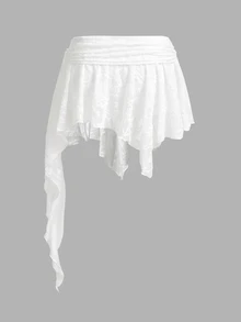 SHEIN ICON Women's Lace Patchwork Beige Asymmetrical Drawstring Mini Skirt, Summer White Ruffle Ruched - White - View 2