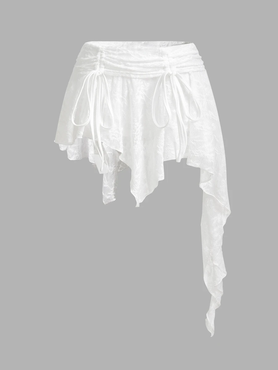 SHEIN ICON Women's Lace Patchwork Beige Asymmetrical Drawstring Mini Skirt, Summer White Ruffle Ruched - White - View 1