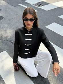 Siren Gaze Women's New Autumn/Winter Colorblock Frog Button Jacket - Black - View 5