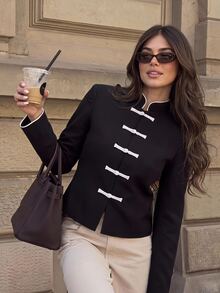 Siren Gaze Women's New Autumn/Winter Colorblock Frog Button Jacket - Black - View 9