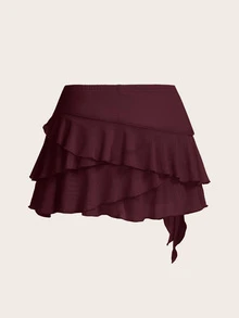 SHEIN ICON 女款多層荷葉邊低腰 Y2K 黑色迷你裙 - 紫紅色 - 查看 2