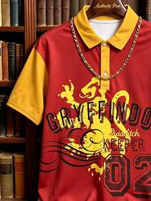 Manfinity HARRY POTTER X SHEIN Men's Summer Casual Colorblock Patchwork Letter Print Polo Shirt - Multicolor - View 3
