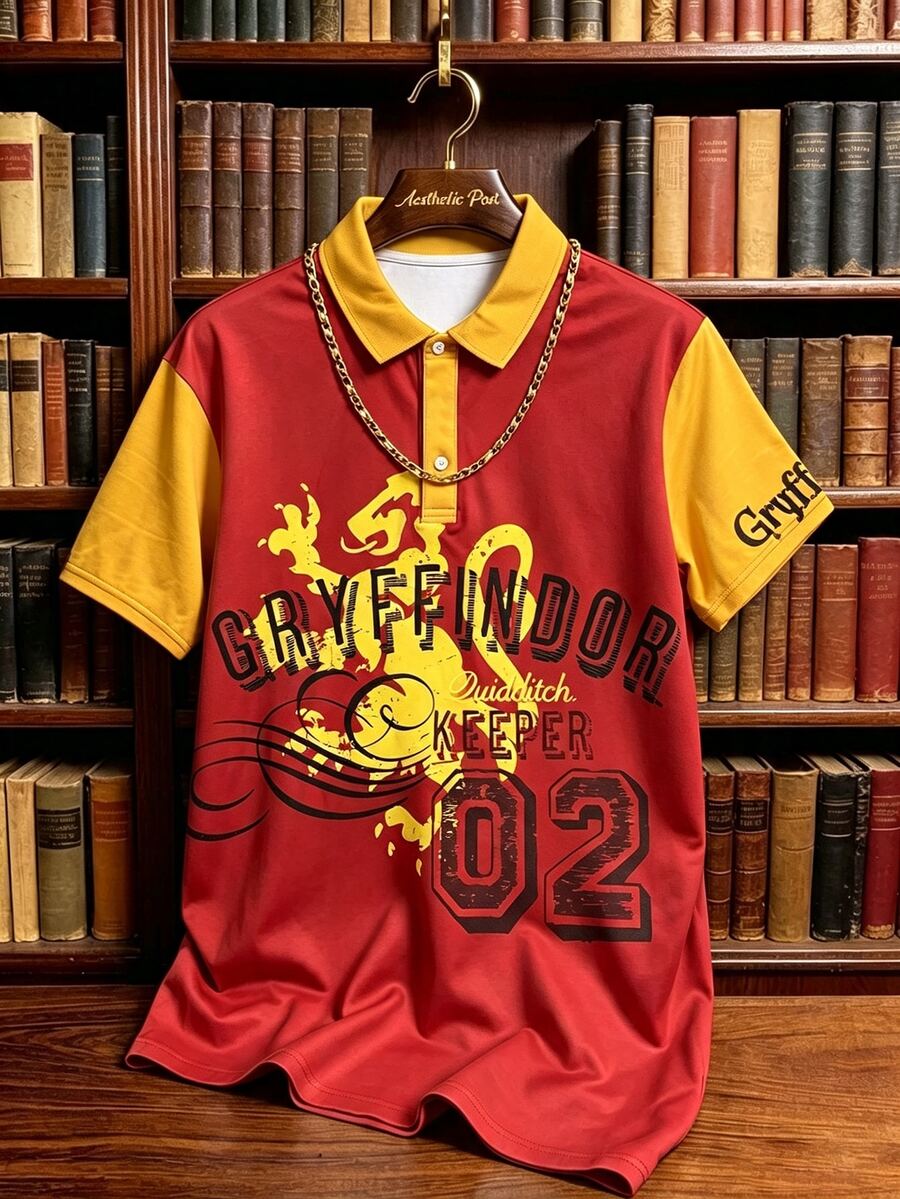 Manfinity HARRY POTTER X SHEIN Men's Summer Casual Colorblock Patchwork Letter Print Polo Shirt - Multicolor - View 1