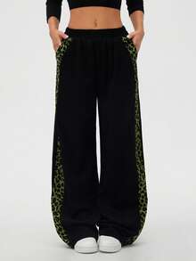 SHEIN LUNE Women's Autumn/Winter Leopard Print Patchwork Casual Straight Leg Pants - Multicolor - View 3