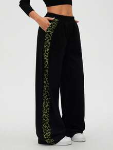 SHEIN LUNE Women's Autumn/Winter Leopard Print Patchwork Casual Straight Leg Pants - Multicolor - View 8