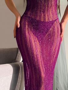 SHEIN Swim 女款度假透視性感細肩帶罩衫洋裝 - 玫紅色 - 查看 3