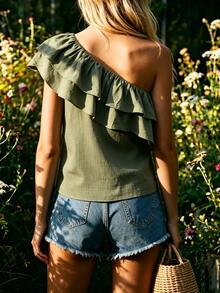 Breezaya Women's Fashion Casual Vacation Style Ruffle One-Shoulder Top - Army Green - View 2