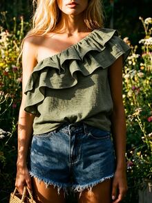 Breezaya Women's Fashion Casual Vacation Style Ruffle One-Shoulder Top - Army Green - View 1