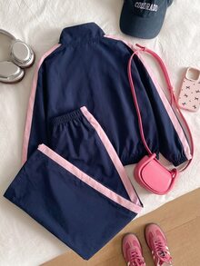 SHEIN 青少年女孩抓絨秋季套裝 2件/套 休閒可愛運動度假假期校園立領海軍藍夾克蝴蝶結圖案長袖... - 藍色 - 查看 3