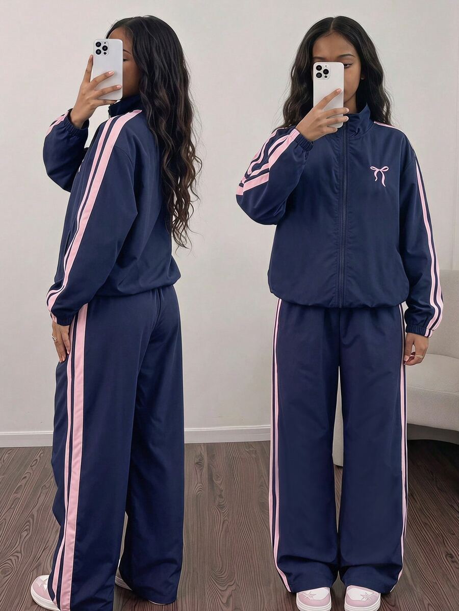 SHEIN 青少年女孩抓絨秋季套裝 2件/套 休閒可愛運動度假假期校園立領海軍藍夾克蝴蝶結圖案長袖... - 藍色 - 查看 1