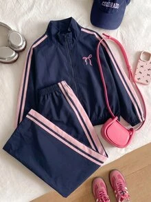SHEIN 青少年女孩抓絨秋季套裝 2件/套 休閒可愛運動度假假期校園立領海軍藍夾克蝴蝶結圖案長袖... - 藍色 - 查看 2