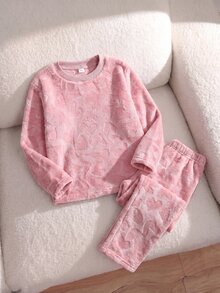 SHEIN 女童愛心提花毛絨長袖上衣與長褲休閒可愛仙女風兩件套家居服，簡約優雅面料，保暖柔軟，粉色秋季 - 粉色 - 查看 9