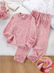 SHEIN 女童愛心提花毛絨長袖上衣與長褲休閒可愛仙女風兩件套家居服，簡約優雅面料，保暖柔軟，粉色秋季 - 粉色 - 查看 5