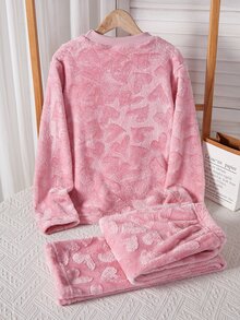 SHEIN 女童愛心提花毛絨長袖上衣與長褲休閒可愛仙女風兩件套家居服，簡約優雅面料，保暖柔軟，粉色秋季 - 粉色 - 查看 2