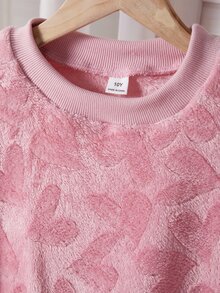 SHEIN 女童愛心提花毛絨長袖上衣與長褲休閒可愛仙女風兩件套家居服，簡約優雅面料，保暖柔軟，粉色秋季 - 粉色 - 查看 6