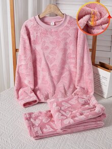SHEIN 女童愛心提花毛絨長袖上衣與長褲休閒可愛仙女風兩件套家居服，簡約優雅面料，保暖柔軟，粉色秋季 - 粉色 - 查看 4