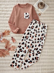 Leopardmönstrad flanell långärmad topp och byxor Fluffiga pyjamasset Mysiga och eleganta detaljer, höst- och vinterkläder - Multifärgad - Visa 6